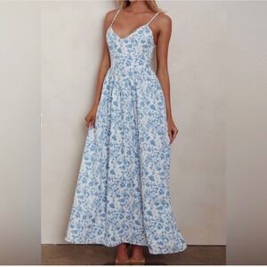 Mika & Gala maxi boho white blue floral dress sleeveles coastal soft girl XL